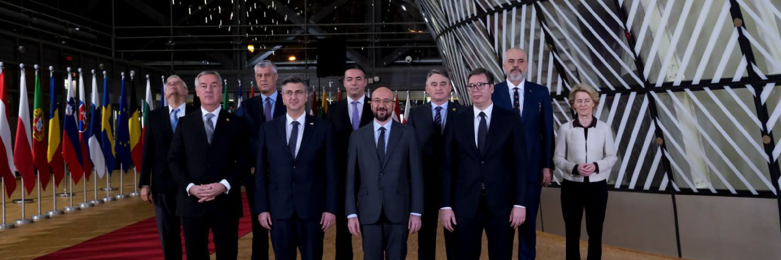 Leaders pose for a group photo before the EU-Western Balkans informal meeting at EU headquarters in Brussels, Belgium